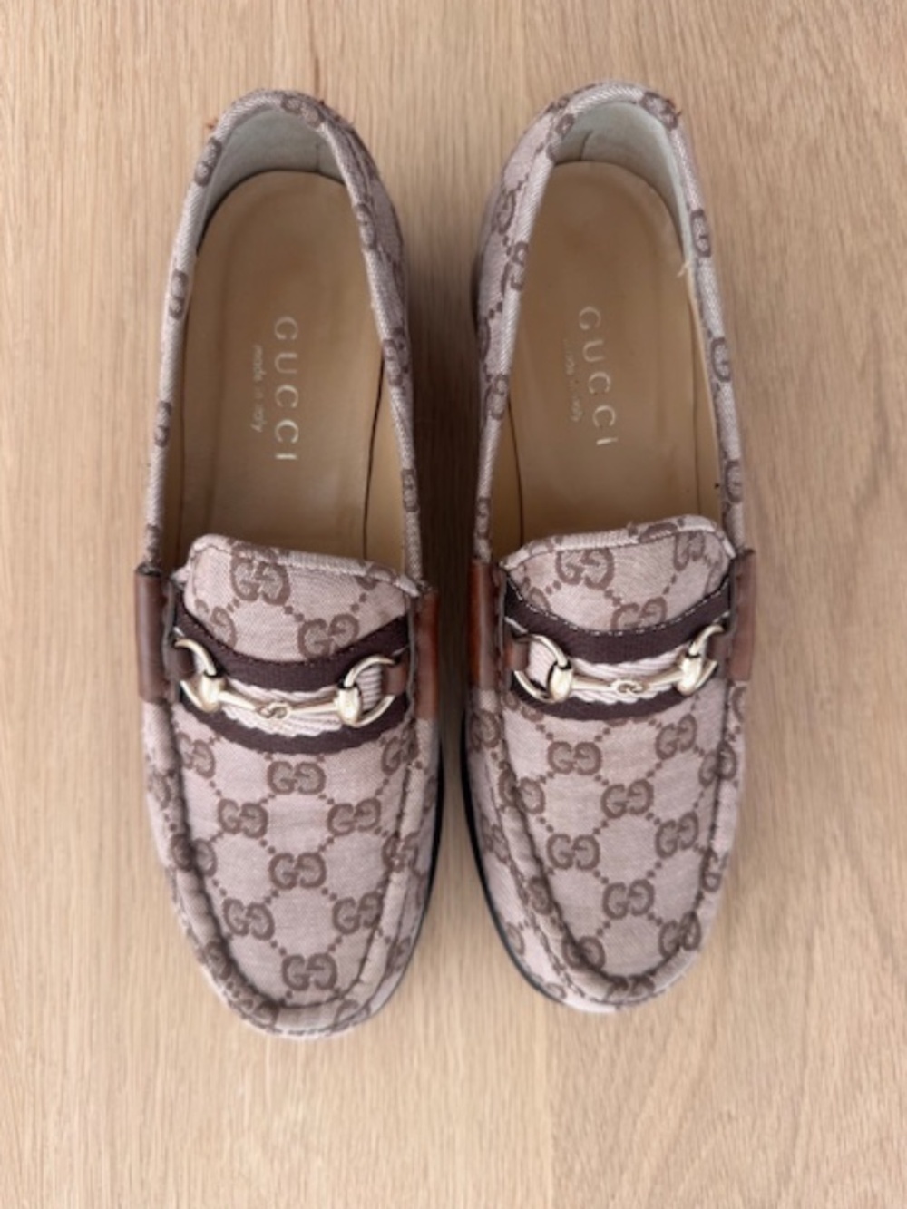 Size 37.5 Vintage 70's GUCCI GG MONOGRAM Beige Brown Rose Canvas Loafers